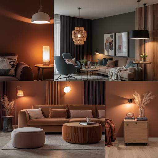 Een visueel aantrekkelijke scène van een modern, gezellig interieur tijdens de schemering, waarbij warme slimme verlichting subtiel straalt in verschillende hoeken van de kamer. Denk aan een stijlvolle woonkamer met een comfortabel, zacht verlicht hoekje voor ontspanning, een elegant gedekte eettafel met sfeervolle verlichting en een boekenkast met een zachte gloed. De foto straalt luxe en rust uit, met een uitnodigende sfeer die perfect is om te ontspannen na een lange dag.