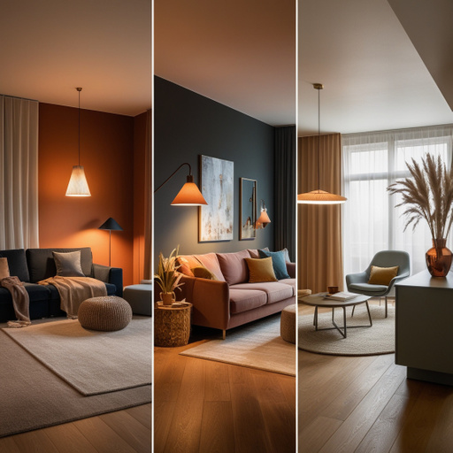 Een visueel aantrekkelijke scène van een modern, gezellig interieur tijdens de schemering, waarbij warme slimme verlichting subtiel straalt in verschillende hoeken van de kamer. Denk aan een stijlvolle woonkamer met een comfortabel, zacht verlicht hoekje voor ontspanning, een elegant gedekte eettafel met sfeervolle verlichting en een boekenkast met een zachte gloed. De foto straalt luxe en rust uit, met een uitnodigende sfeer die perfect is om te ontspannen na een lange dag.