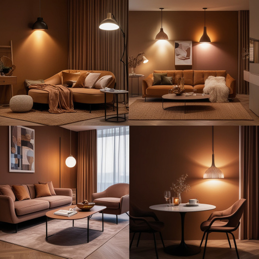 Een visueel aantrekkelijke scène van een modern, gezellig interieur tijdens de schemering, waarbij warme slimme verlichting subtiel straalt in verschillende hoeken van de kamer. Denk aan een stijlvolle woonkamer met een comfortabel, zacht verlicht hoekje voor ontspanning, een elegant gedekte eettafel met sfeervolle verlichting en een boekenkast met een zachte gloed. De foto straalt luxe en rust uit, met een uitnodigende sfeer die perfect is om te ontspannen na een lange dag. Details: Kleurenpalet: warme tinten zoals amber, goud, en zachte aardetinten. Decoratie: stijlvolle meubels, kussens, een zachte plaid, een glas wijn of een mok thee op tafel. Licht: Dimbare, slimme verlichting die verschillende lichtscènes toont (bijvoorbeeld warm wit in het ene deel van de ruimte en een zachtere pasteltint in een andere hoek). Persoonlijk element: Een gezin of persoon genietend van de sfeer, zoals iemand die met een boek op de bank zit of een koppel dat een rustige avond aan tafel doorbrengt. Deze sfeerbeelden moeten opvallen op sociale media zoals Instagram en Pinterest en meteen het gevoel oproepen van een luxueuze, persoonlijke, en stressvrije leefomgeving.