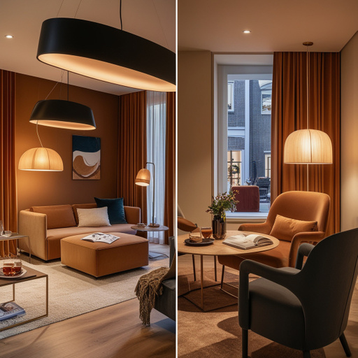 Een visueel aantrekkelijke scène van een modern, gezellig interieur tijdens de schemering, waarbij warme slimme verlichting subtiel straalt in verschillende hoeken van de kamer. Denk aan een stijlvolle woonkamer met een comfortabel, zacht verlicht hoekje voor ontspanning, een elegant gedekte eettafel met sfeervolle verlichting en een boekenkast met een zachte gloed. De foto straalt luxe en rust uit, met een uitnodigende sfeer die perfect is om te ontspannen na een lange dag. Details: Kleurenpalet: warme tinten zoals amber, goud, en zachte aardetinten. Decoratie: stijlvolle meubels, kussens, een zachte plaid, een glas wijn of een mok thee op tafel. Licht: Dimbare, slimme verlichting die verschillende lichtscènes toont (bijvoorbeeld warm wit in het ene deel van de ruimte en een zachtere pasteltint in een andere hoek). Persoonlijk element: Een gezin of persoon genietend van de sfeer, zoals iemand die met een boek op de bank zit of een koppel dat een rustige avond aan tafel doorbrengt. Deze sfeerbeelden moeten opvallen op sociale media zoals Instagram en Pinterest en meteen het gevoel oproepen van een luxueuze, persoonlijke, en stressvrije leefomgeving.